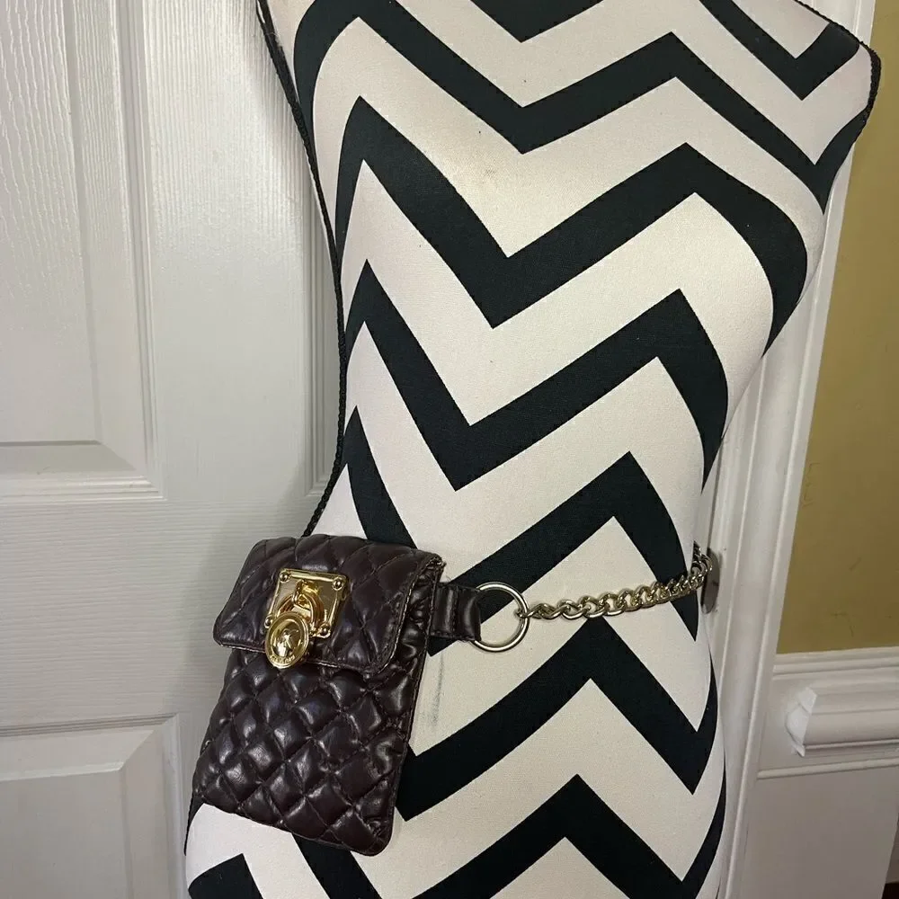 Michael Kors Brown faux leather quilted mini crossbody/fanny pack chain accent